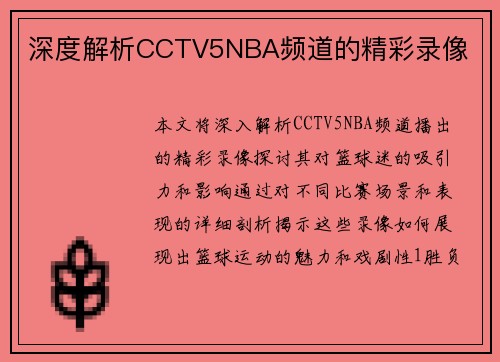 深度解析CCTV5NBA频道的精彩录像