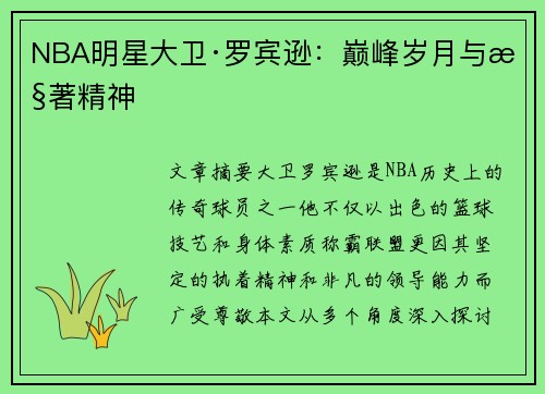 NBA明星大卫·罗宾逊：巅峰岁月与执著精神